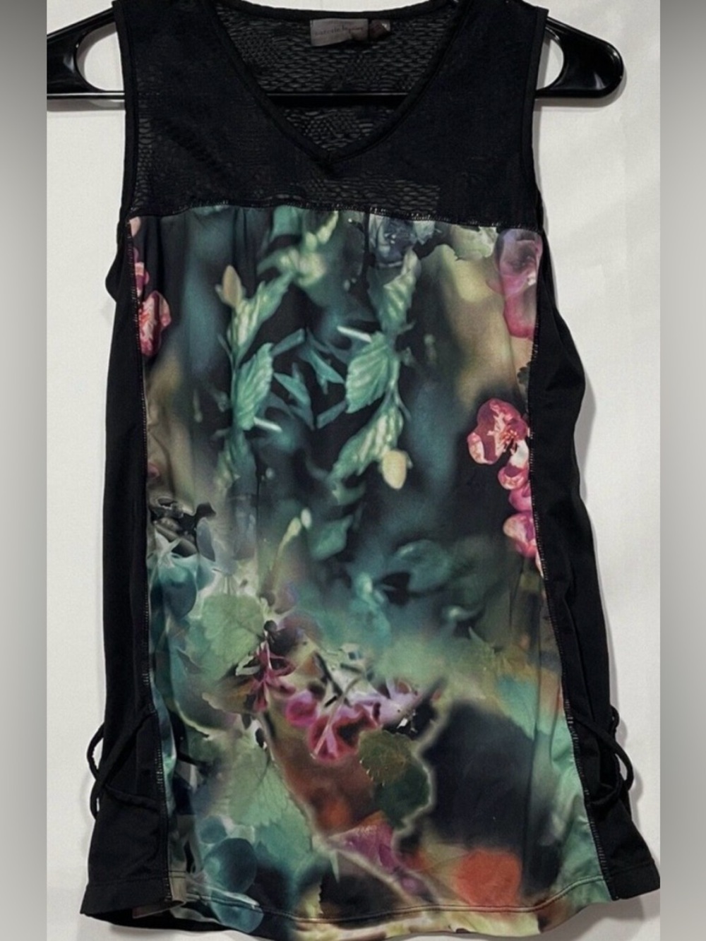Nanette Lepore Floral Mesh Tank Top Women’s XS Black Sheer Panel Cutout Back